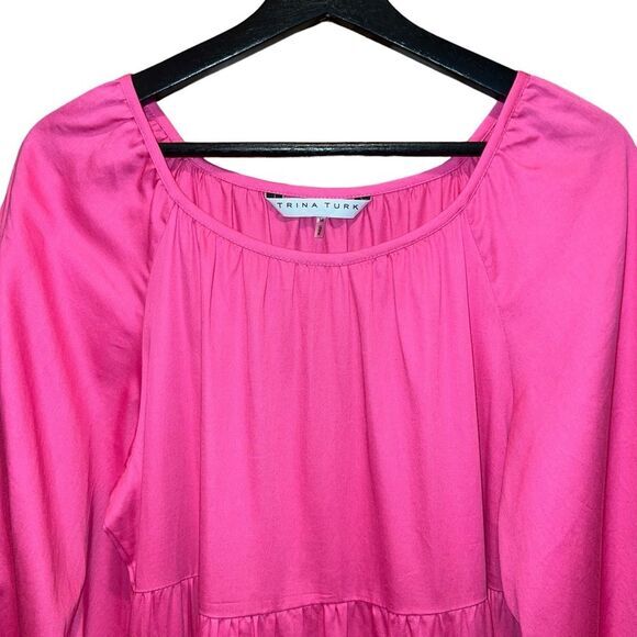 Trina Turk Cassia Tiered Midi Dress Size M Playa Pink Balloon Puff Sleeve‎ - Picture 4 of 10